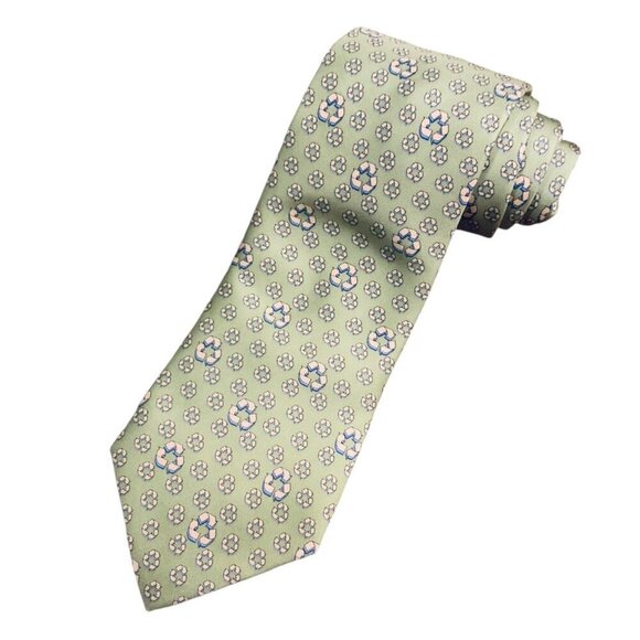 Recycling Symbol Mens Tie by NHC Pale Green Blue Silk Imported Fabric - Picture 1 of 3